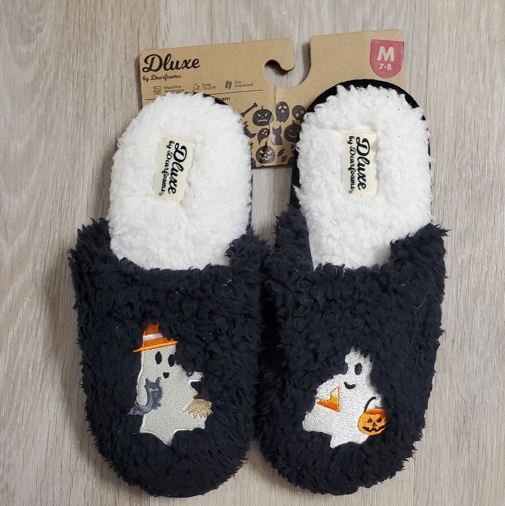 NEW Dluxe By Dearfoams Pumpkin Ghost Halloween Slippers Rare Small 7-8 Black